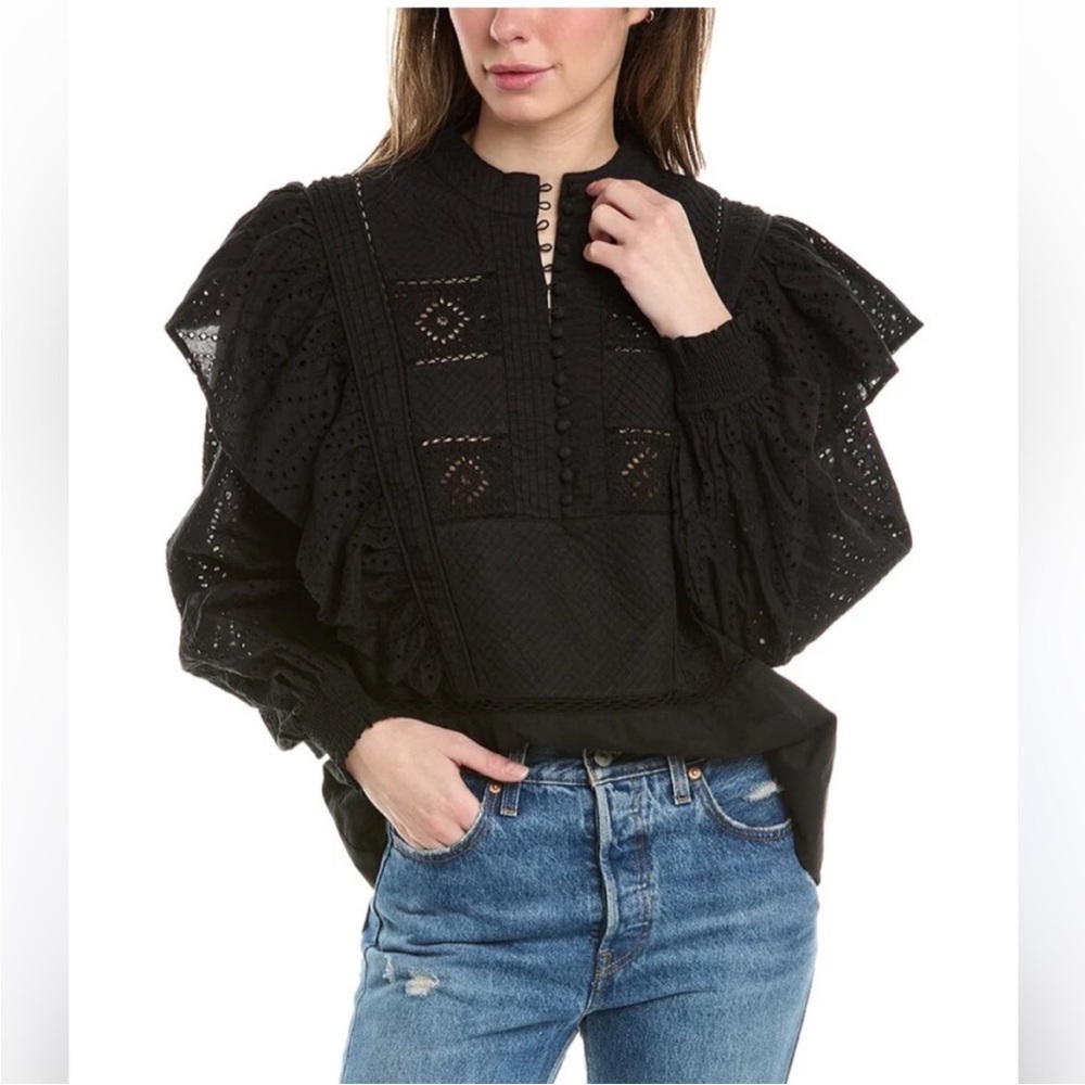 All Saints Black Eyelet Blouse Aubrey Broderie Top Size 12
